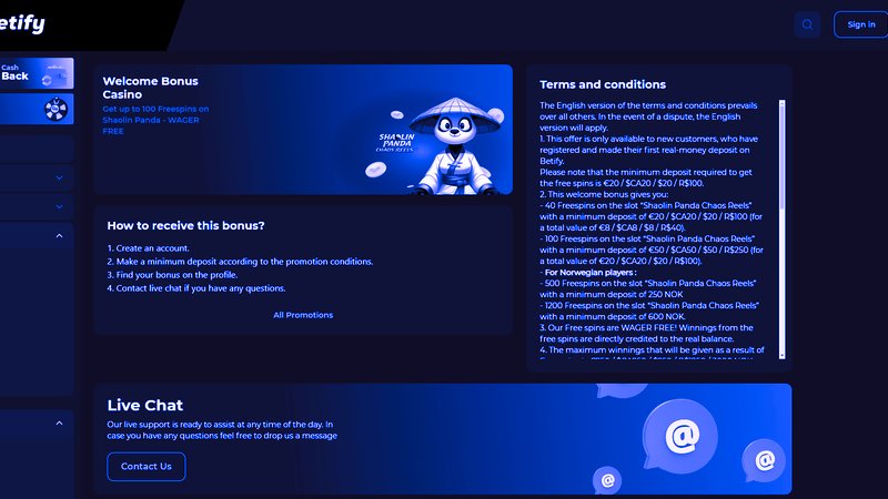 Betify Casino Krypto-Zahlungen und Willkommensbonus